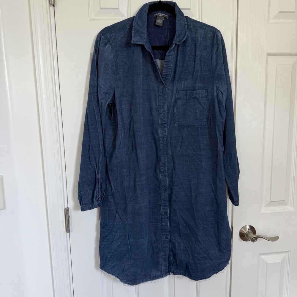 Chelsea & Theodore Blue Denim Shirt Dress Frayed Hem Cowgirl Western WM's L EUC